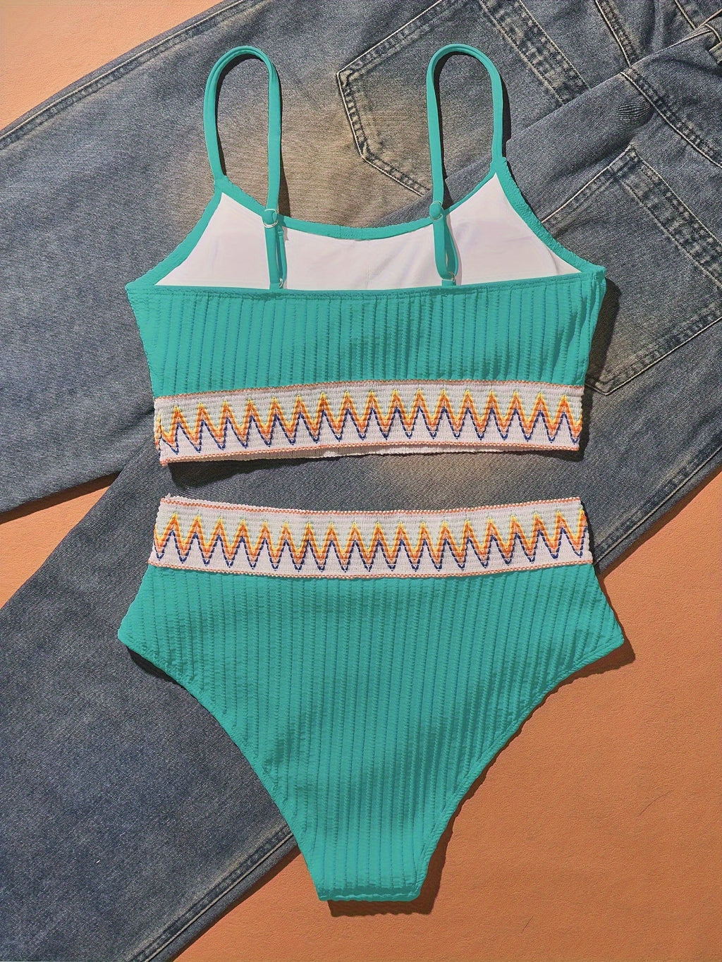Bikini Scoop Neck High Waist 2 Piece Swimsuit for Women – Chic Solid Color Bikini Set with Contrast Band Detail – Stretchy Comfortable Flattering Swimwear for Beach Pool and Summer Vacation Stevvex