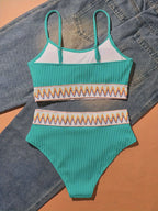Bikini Scoop Neck High Waist 2 Piece Swimsuit for Women – Chic Solid Color Bikini Set with Contrast Band Detail – Stretchy Comfortable Flattering Swimwear for Beach Pool and Summer Vacation Stevvex