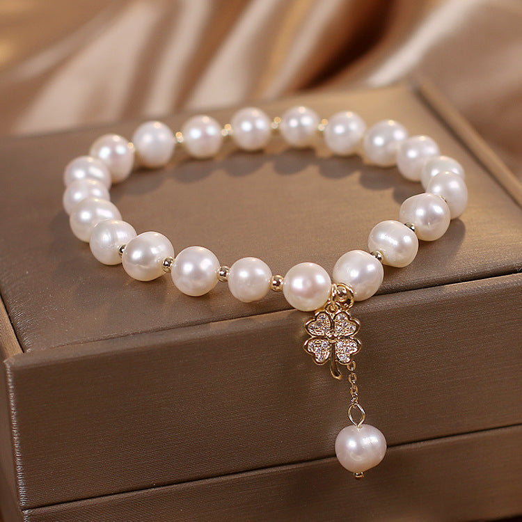 Natural Freshwater Pearl Bracelet Light Luxury Four-leaf Clover Simple Hand Jewelry Pi-Mart