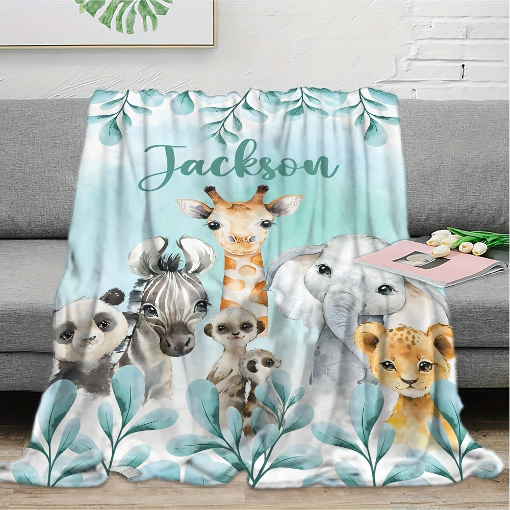 1pc Custom Flannel Blanket, Personalized Cartoon Animal Print Custom Your Name Flannel Blanket, Soft And Warm Memorable Moments Commemorative Blanket, Great Holiday Gift For Classmates, Friends, Family And Lovers, Used For Na