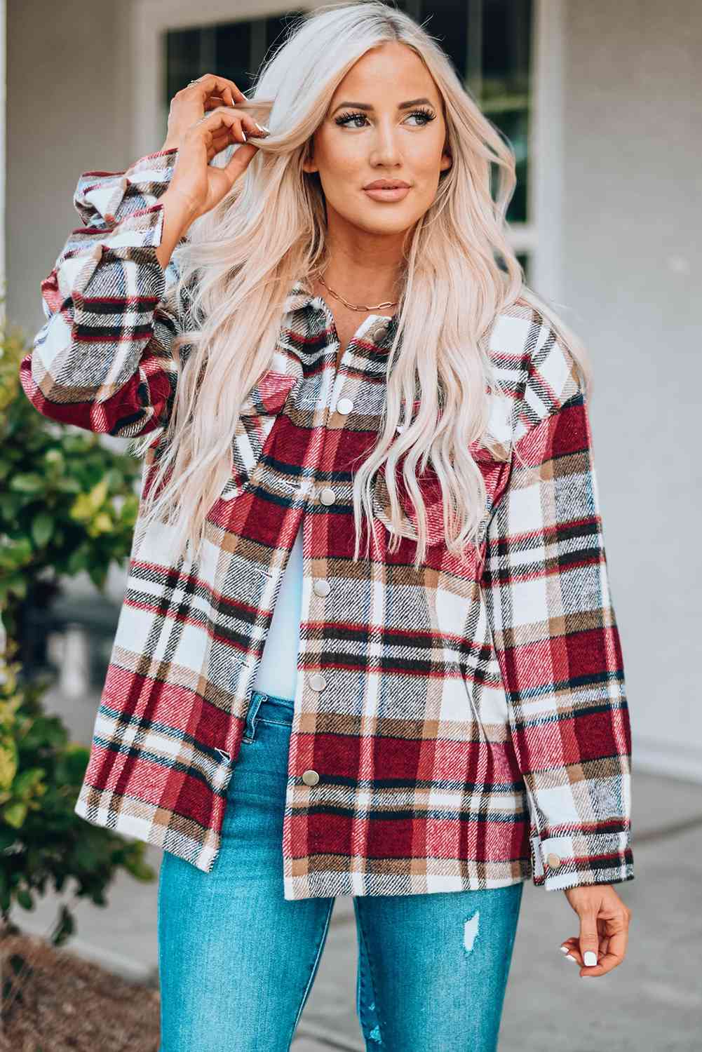 Classic Plaid Button Front Shirt Jacket with Breast Pockets Casual & Minimalist Outerwear Stevvex