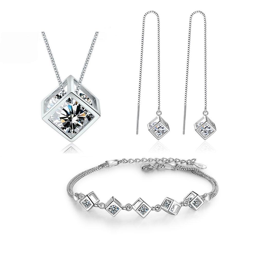 New Style Stamp Silver Color Jewelry Luxury Sets Zircon Elegant Square Cube Necklace Earrings Bracelet For Women - SJB-DIAMOND ELITES