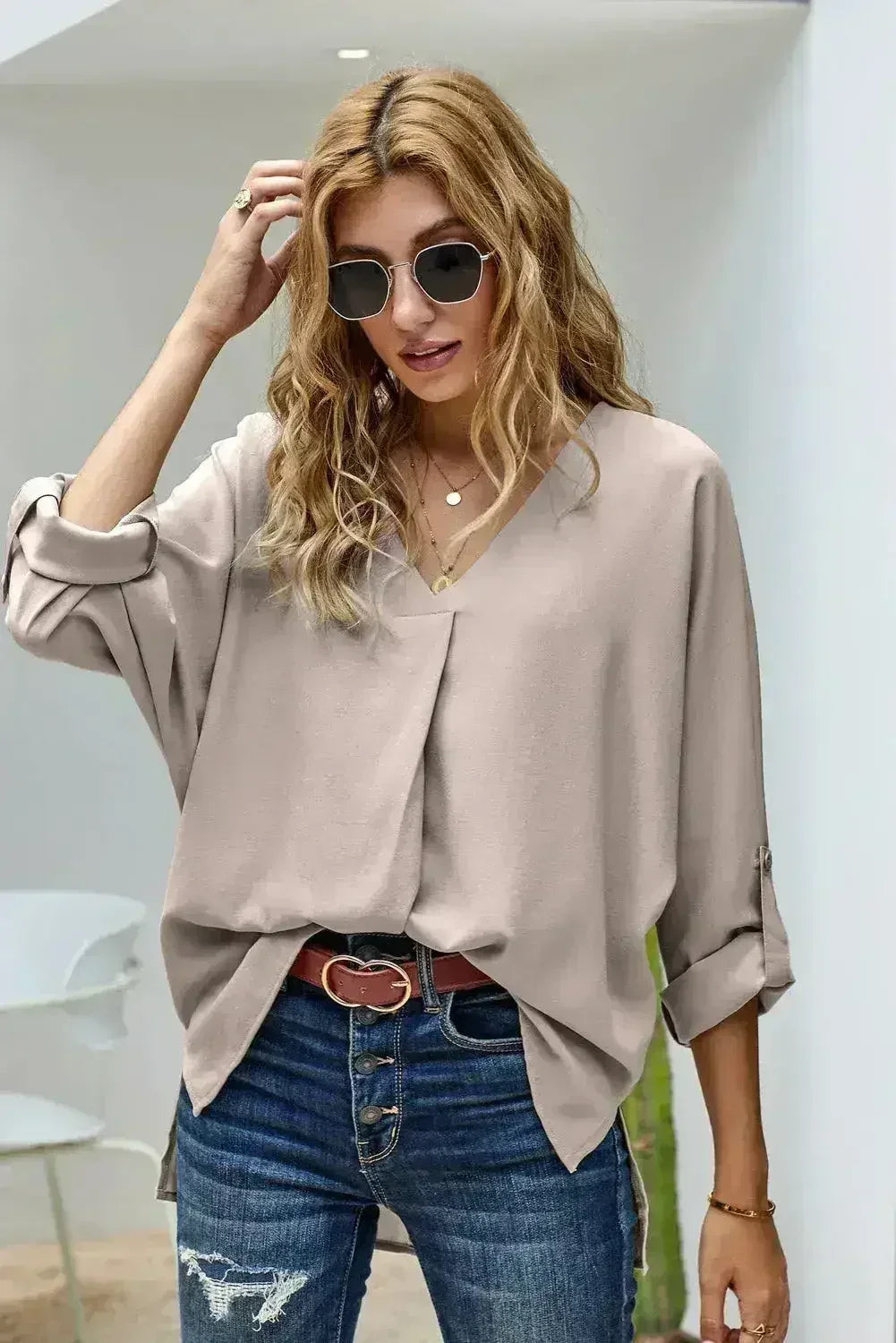 Elegant Apricot V Neck 3/4 Sleeve High Low Hem Shirt - SJB-DIAMOND ELITES