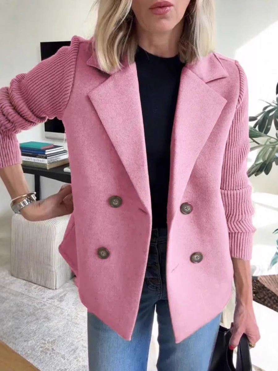 Double Breasted Lapel Jacket Fashion Knitted Sleeves Splicing Design Coat Outerwear Women's Clothing Pi-Mart
