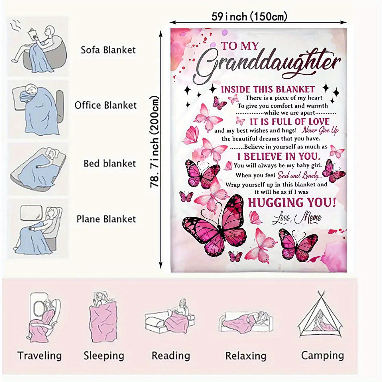 Soft Cozy Flannel Blanket - Butterfly Printed - A Perfect Holiday Gift for Granddaughter From Grandma!