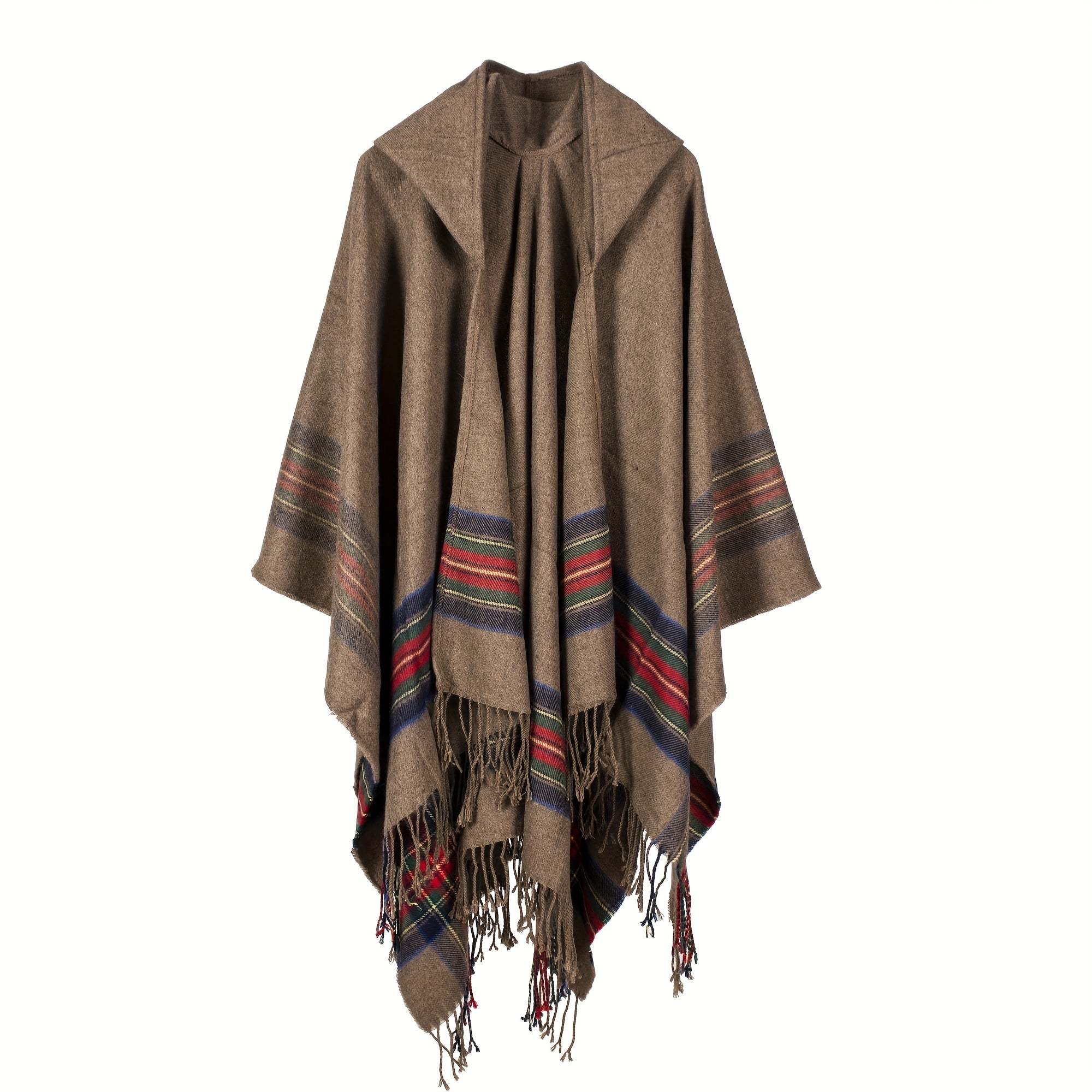 Oversized Scottish Hooded Cardigan - Fashionable Striped Shawl with Luxurious Tassels - Cozy, Windproof & Coldproof for Autumn Winter Outdoors - A Plush Blanket Shawl Cloak Lootquake LLC