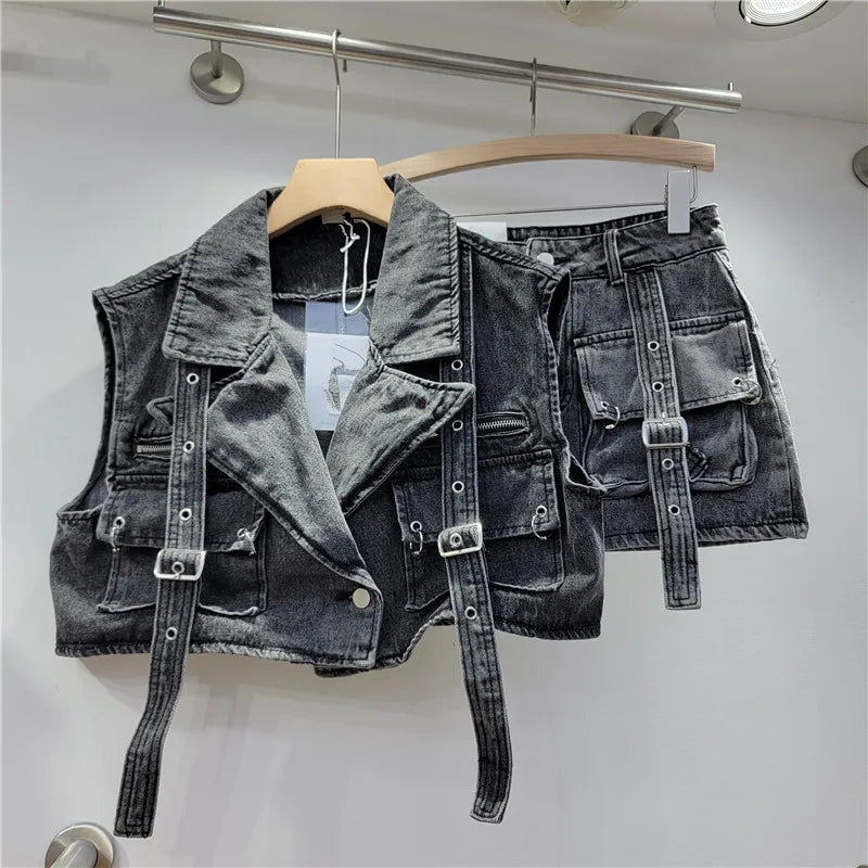 Retro Pink Large Pocket Denim Suit Spring Summer Sleeveless Short Vest High Waist Hip Wrapped Skirt 2 Pieces Sets Women Outfits Purplish Diva