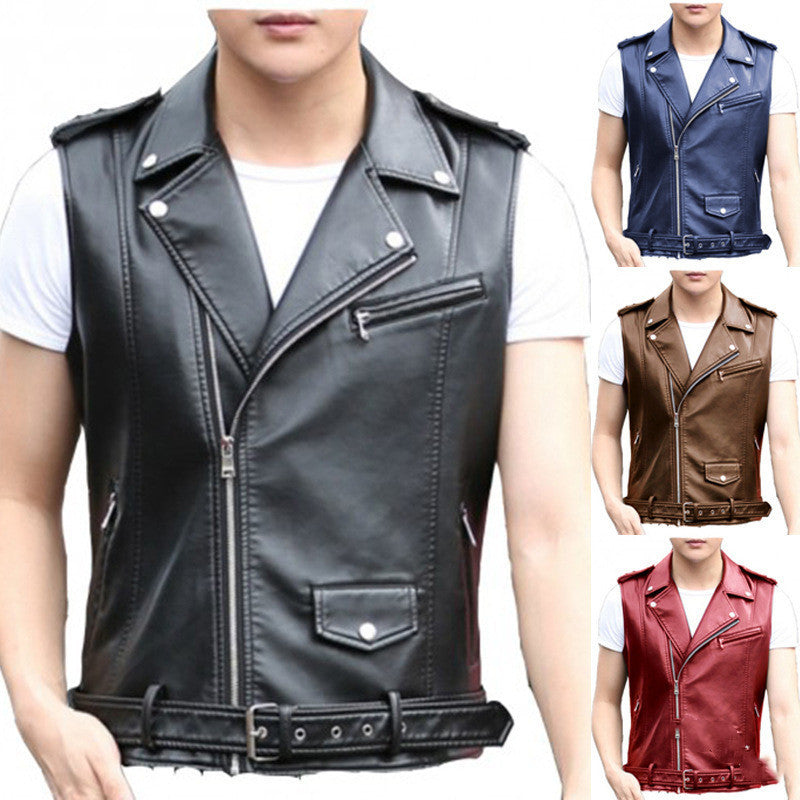 Short Slim Punk Motorcycle Vest Oblique Zipper PU Leather Jacket Pi-Mart