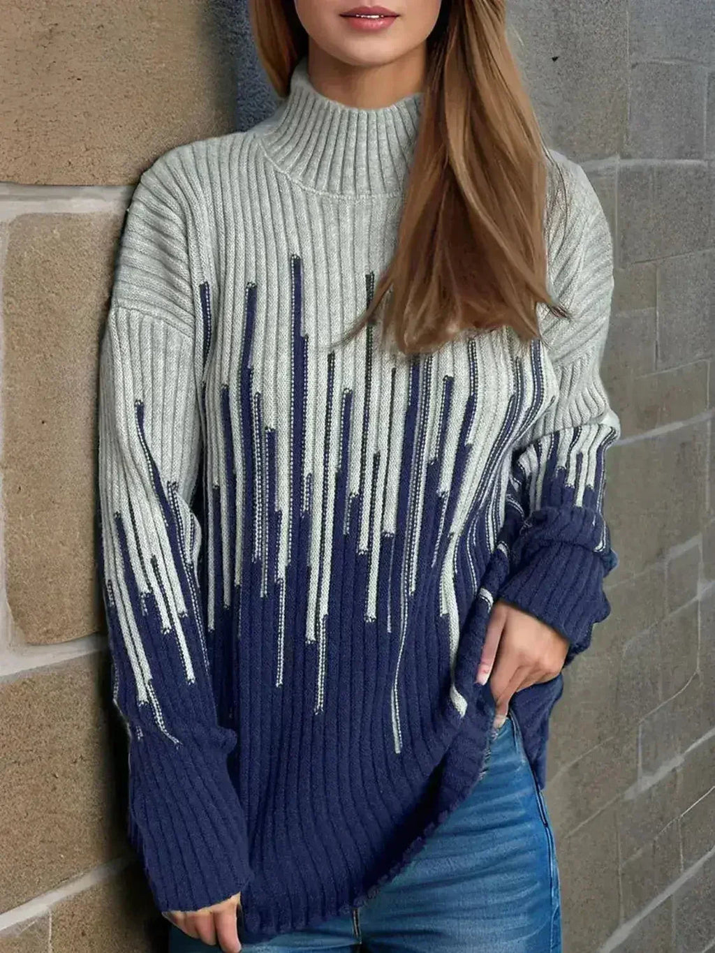 Contrast Mock Neck Long Sleeve Sweater - SJB-DIAMOND ELITES