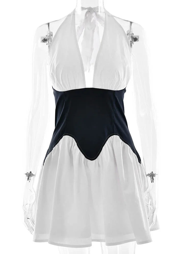 JULISSA MO Patchwork Sexy Deep V-neck Denim Mini Dress Women White Backless Halter Dress Summer Slim Elegant Party Club Outfits Purplish Diva