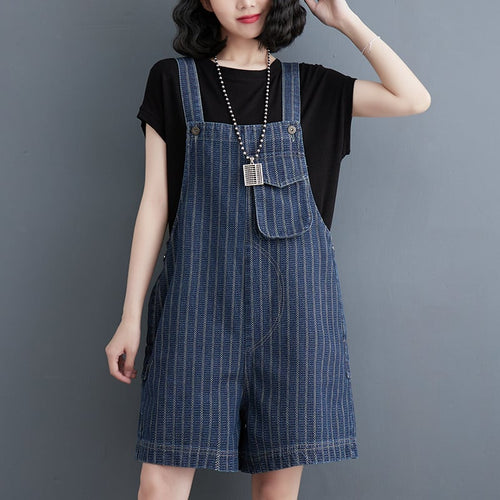 "Summer Women's Large Vertical Stripe Denim Strap Shorts"