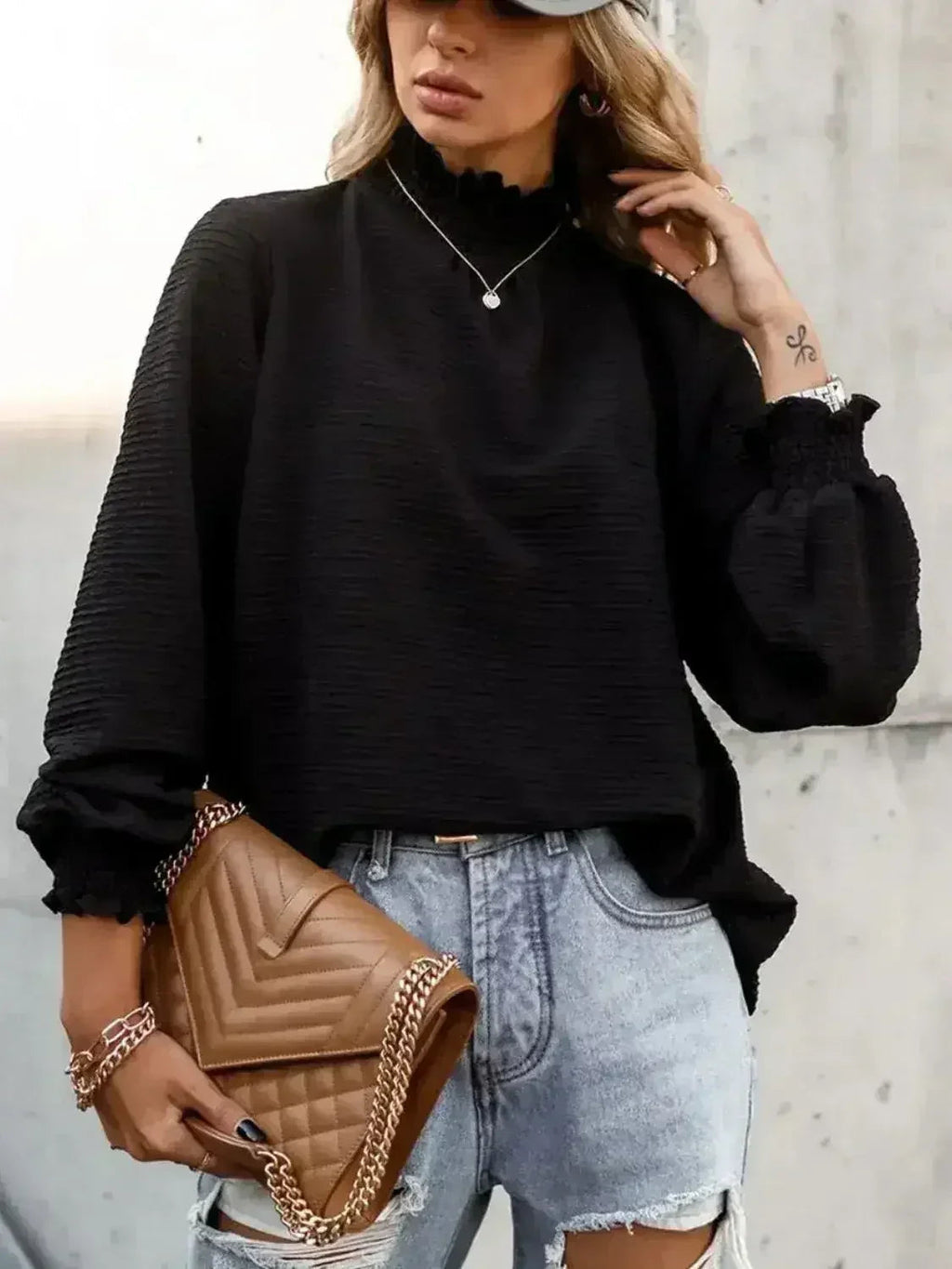Smocked Frill Mock Neck Long Sleeve Blouse - SJB-DIAMOND ELITES