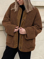 Modern Cozy Women Luxuriously Cozy Contrast Button Up Sherpa Jacket with Pockets For Fall & Winter Stevvex