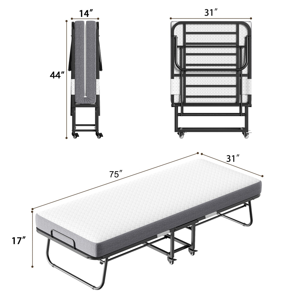 Folding Bed With Mattress  Foam Mattress All Steel Pipe Frame Pi-Mart