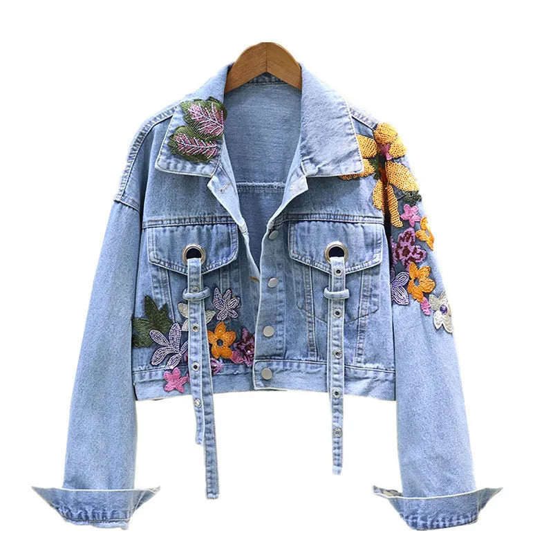 Autumn Denim Jacket Women Flowers Embroidery Sequins Jeans Coat Loose Long Sleeve Casual Student Short Clothes Streetwear H302 Purplish Diva