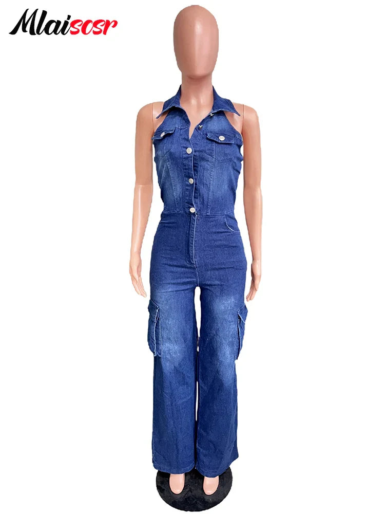 Mlaiscsr Women Clothing Blue Denim One Piece Jumpsuit Halter Backless Sleeveless Straight Jean Overalls Cargo Pants Rompers  New Purplish Diva