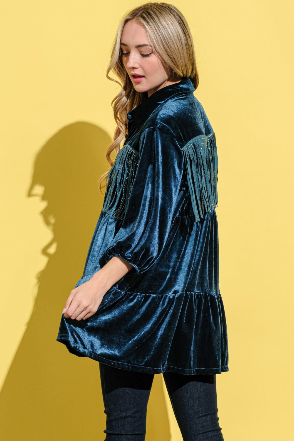 Fringe Detailed Velvet Shirt Dress – Velvet Shirt Dress, Fringe Detail Dress, Luxurious Shirt Dress, Elegant Velvet Dress, Playful Fringe Dress Stevvex