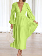 Lightweight Deep V-Neck Balloon Sleeve Maxi Dress Elegant & Flowing Silhouette Unique Dress