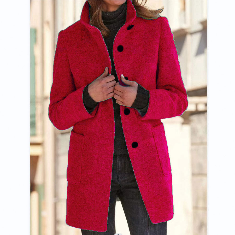 Fashion Stand Collar Woolen Coat With Pockets Fall Winter Casual Button Outwear For Women Clothing Pi-Mart