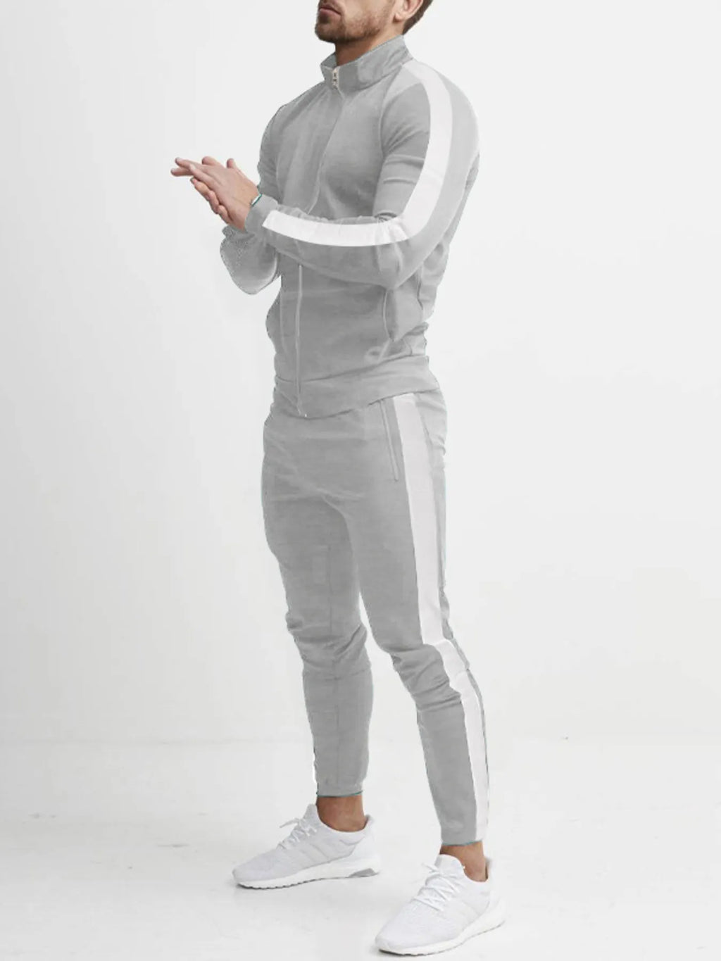 Men's Full Size Side Stripes Zip Up Top and Pants Set Plus Size