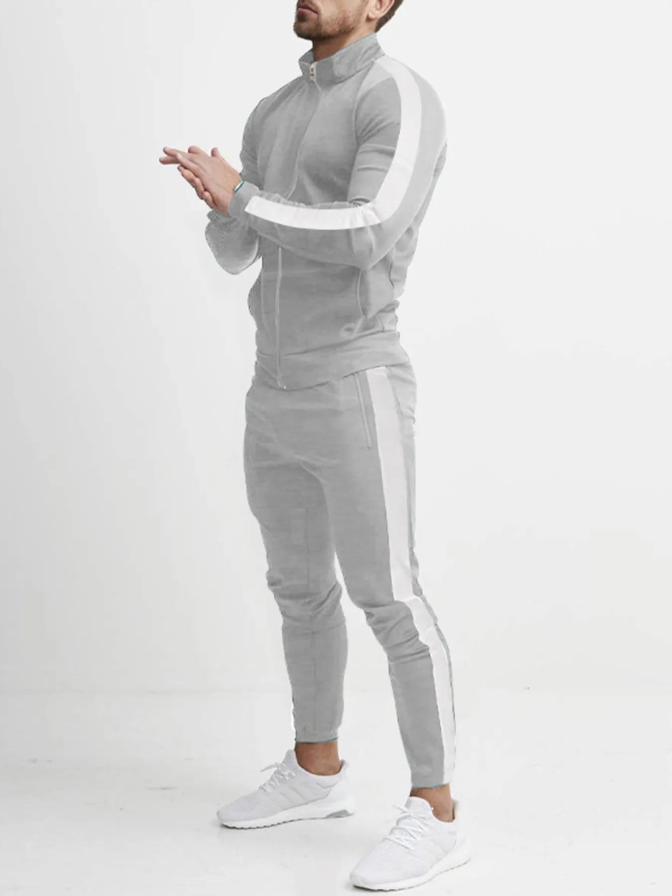 Men's Full Size Side Stripes Zip Up Top and Pants Set Plus Size