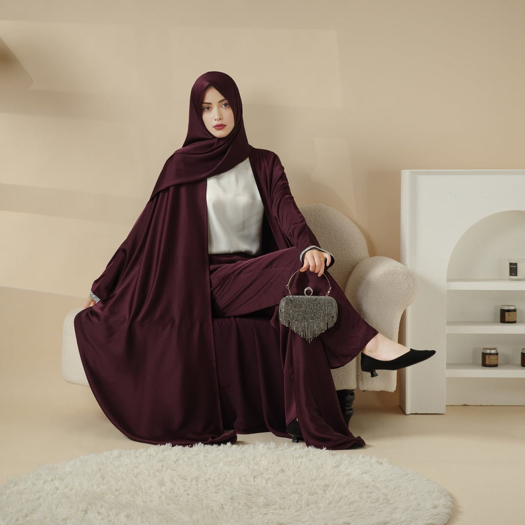 Abaya With Satin Shirt And Rhinestone Trousers | 4-Piece Set Abaya (MOA060) - SJB-DIAMOND ELITES