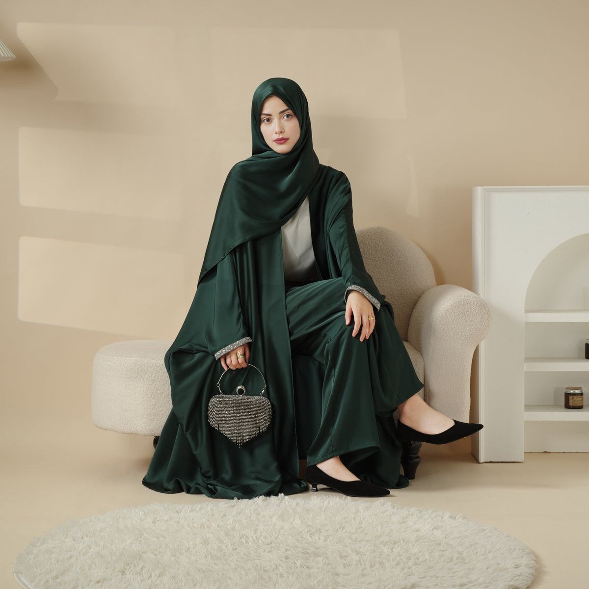 Abaya With Satin Shirt And Rhinestone Trousers | 4-Piece Set Abaya (MOA060) - SJB-DIAMOND ELITES
