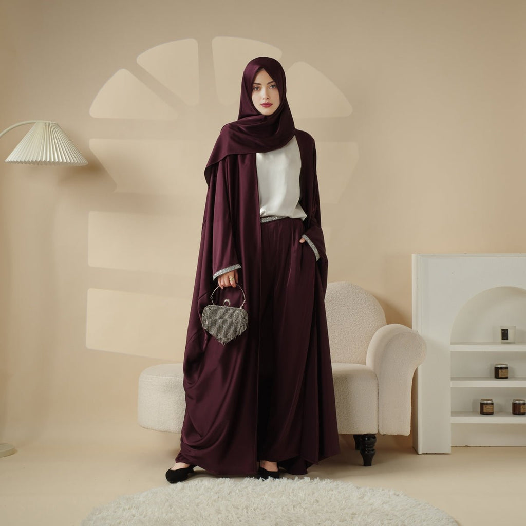 Abaya With Satin Shirt And Rhinestone Trousers | 4-Piece Set Abaya (MOA060) - SJB-DIAMOND ELITES