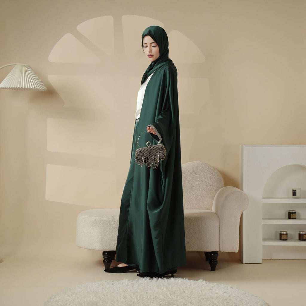 Abaya With Satin Shirt And Rhinestone Trousers | 4-Piece Set Abaya (MOA060) - SJB-DIAMOND ELITES