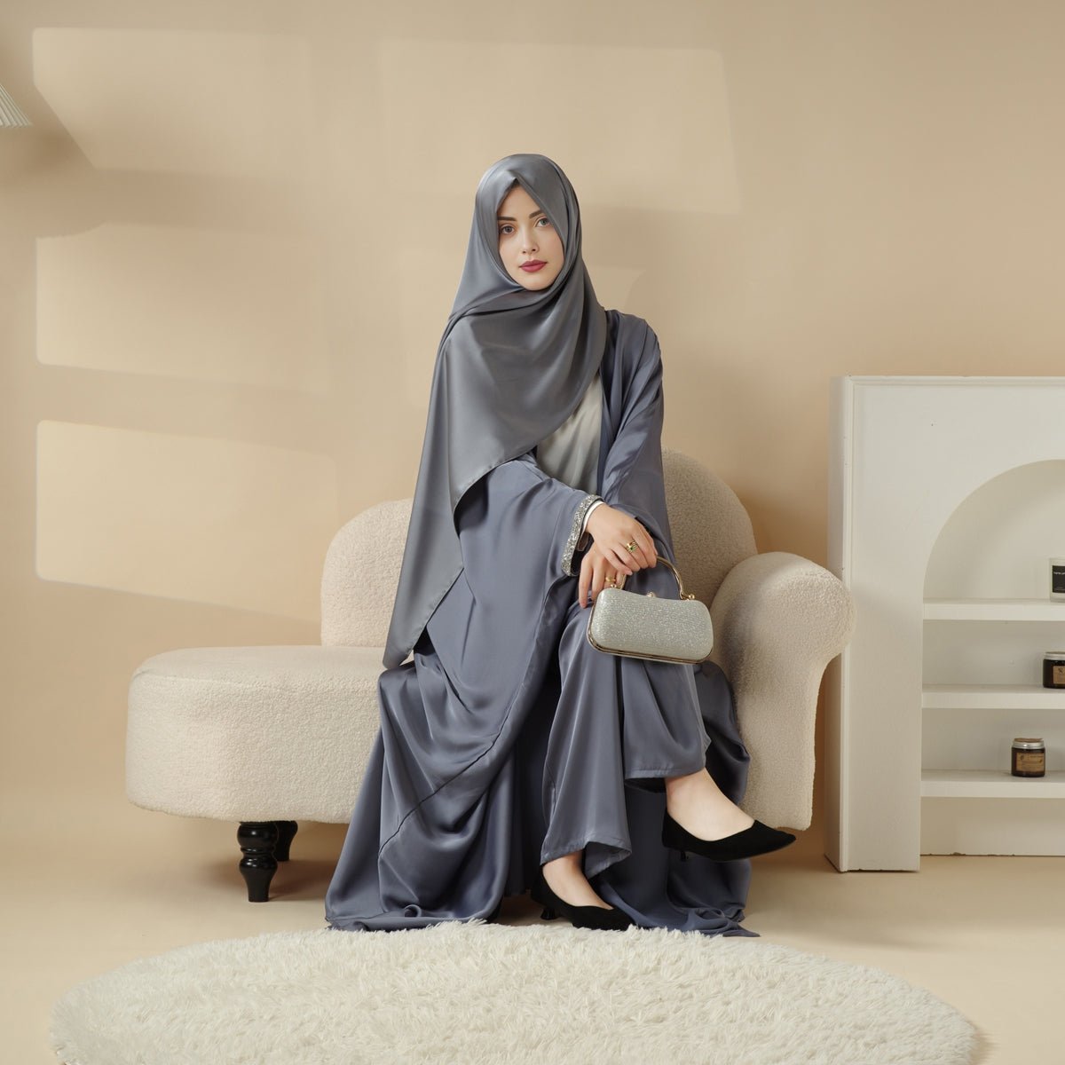 Abaya With Satin Shirt And Rhinestone Trousers | 4-Piece Set Abaya (MOA060) - SJB-DIAMOND ELITES