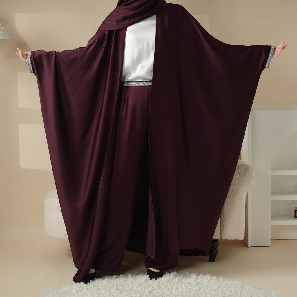 Abaya With Satin Shirt And Rhinestone Trousers | 4-Piece Set Abaya (MOA060) - SJB-DIAMOND ELITES