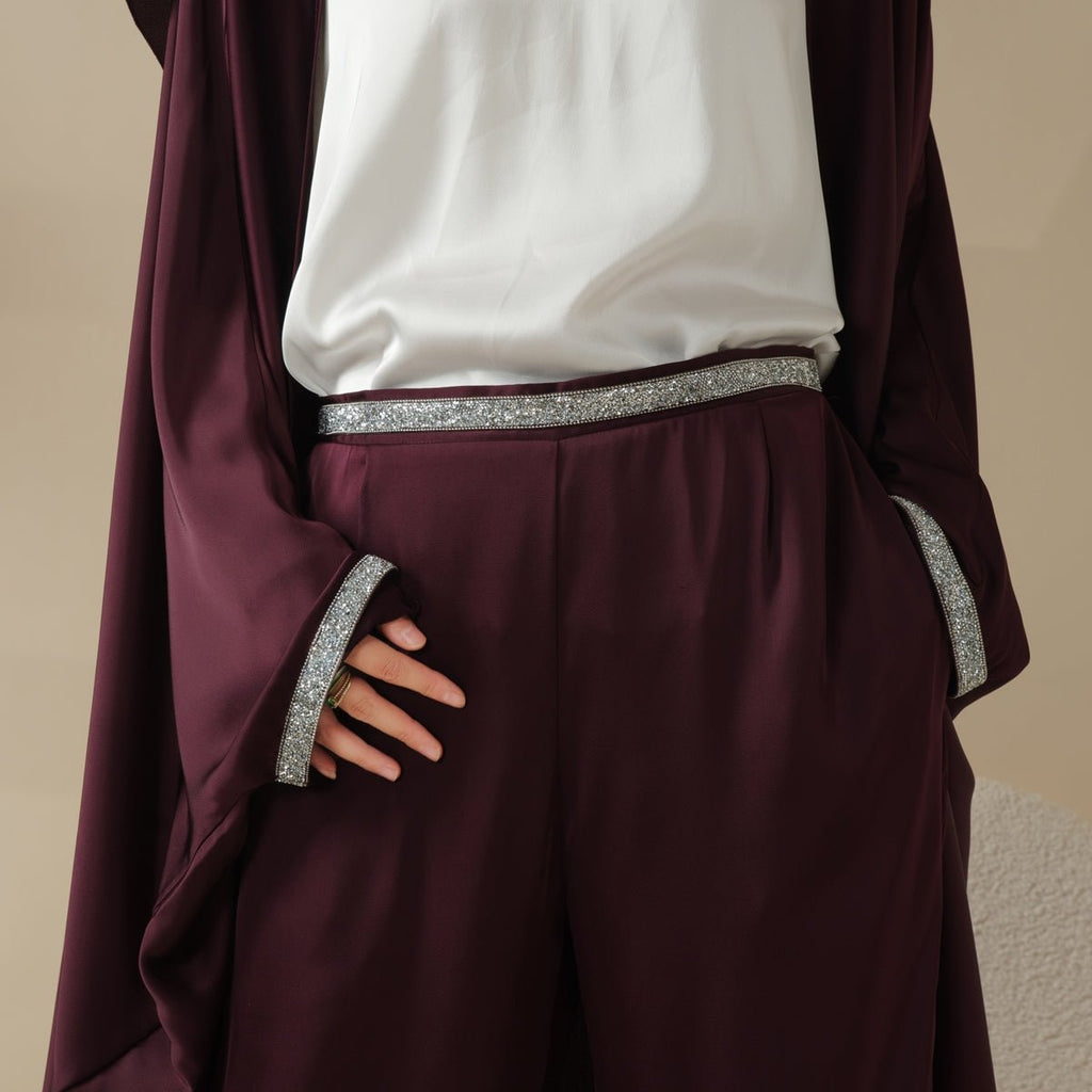 Abaya With Satin Shirt And Rhinestone Trousers | 4-Piece Set Abaya (MOA060) - SJB-DIAMOND ELITES