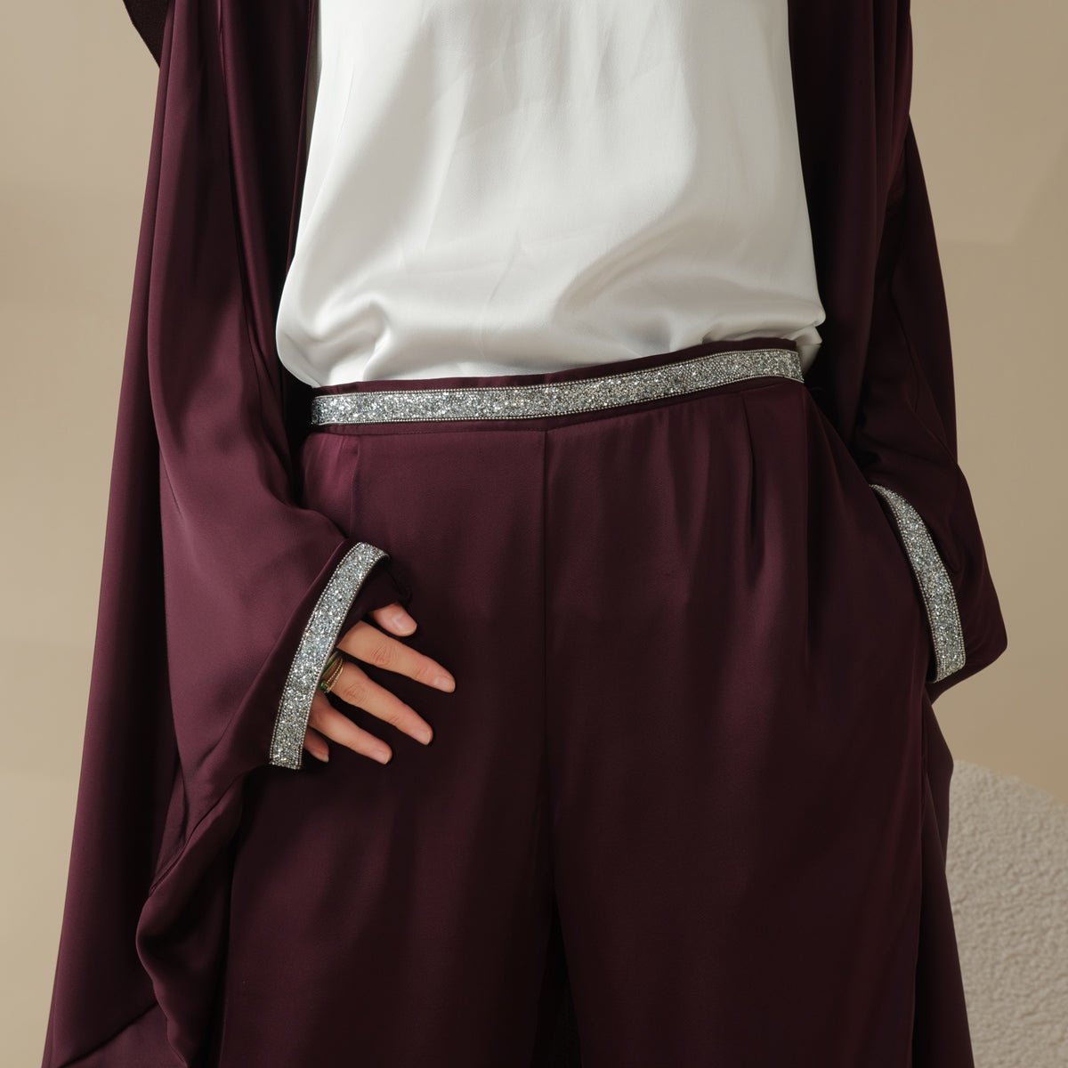 Abaya With Satin Shirt And Rhinestone Trousers | 4-Piece Set Abaya (MOA060) - SJB-DIAMOND ELITES