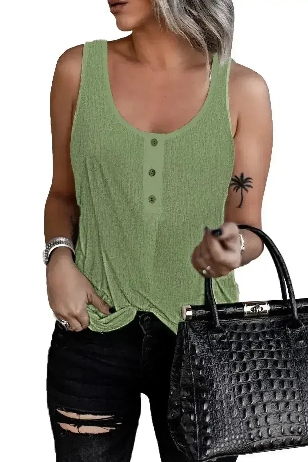 Button Textured Cotton Tank Top - SJB-DIAMOND ELITES