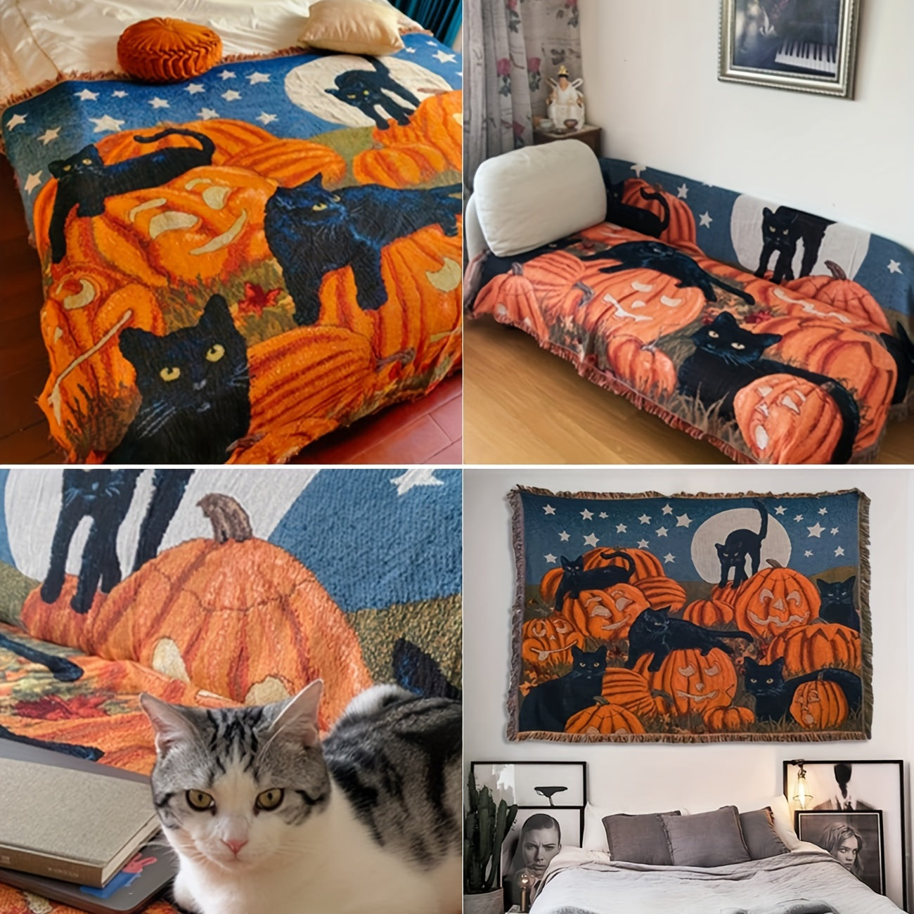 1pc Halloween Blanket Sofa Blanket Fringe Throw Blanket 100% Cotton Lightweight For Chair Sofa Couch Bed Cover Fit Home Cozy Knit Blankets Lootquake LLC