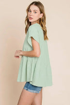 Ruched Notched Sleeve Blouse - Cotton Women's Top | Femstylo