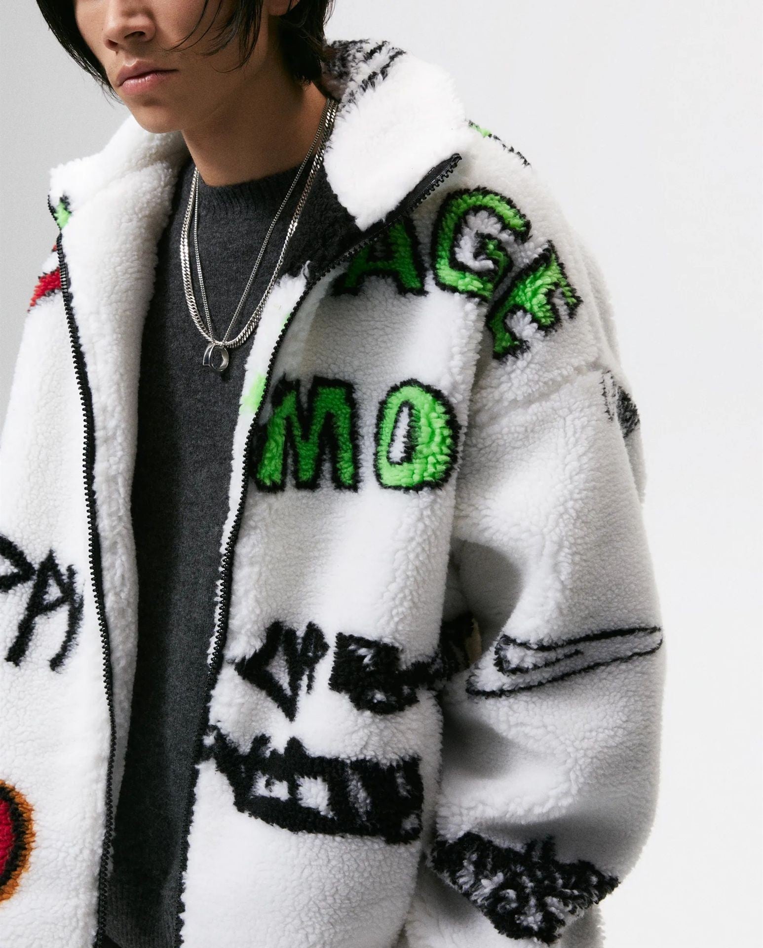 Men's Lamb Wool Graffiti Printed Fleece Jacket Pi-Mart