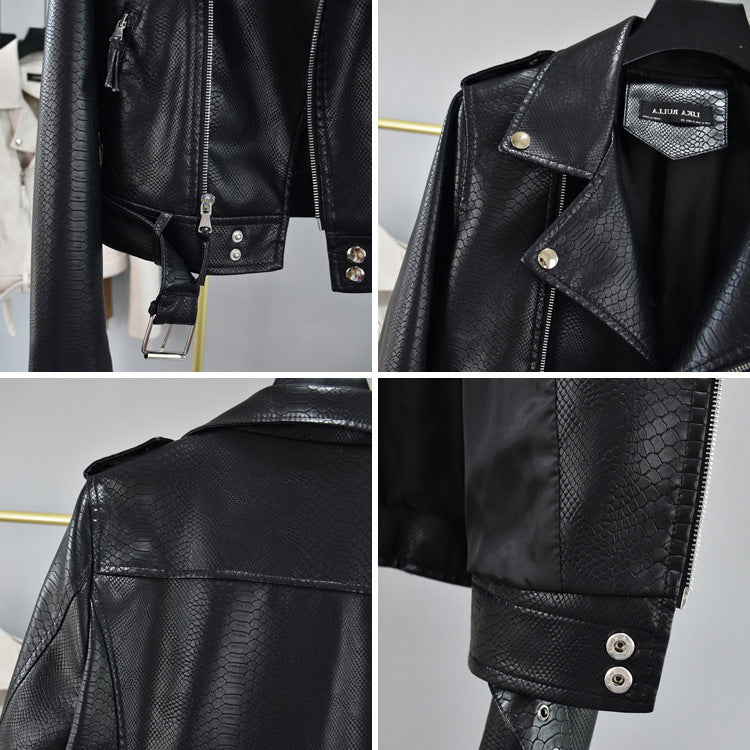 Cropped Hem Belt Snakeskin Leather Biker Jacket Pi-Mart