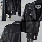 Cropped Hem Belt Snakeskin Leather Biker Jacket Pi-Mart