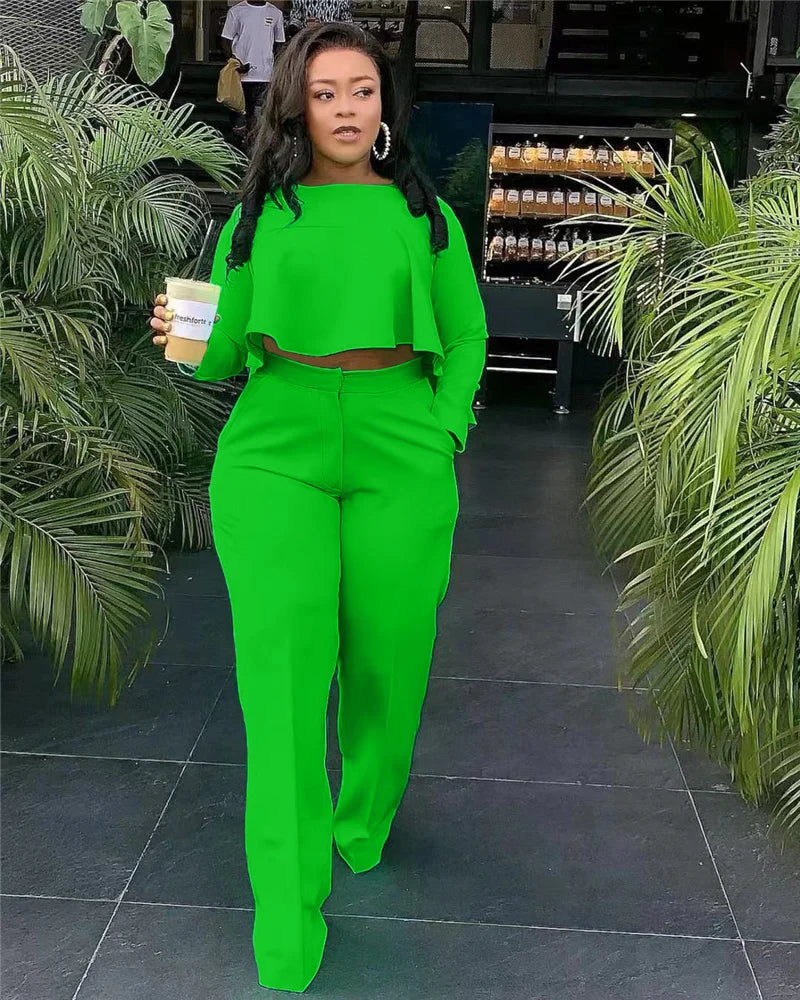 Elegant Work Wear Two Piece Set Fall Clothes for Women Ruffles Crop Top and Wide Leg Pants Suits Matching Sets Sexy Club Outfits Purplish Diva