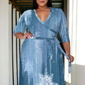 Plus Size Women's 3/4 Sleeve V-Neck Snowflake Print Wrap Maxi Dress Winter Elegant Party Dress Purplish Diva