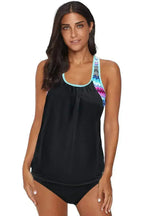 Black Splicing Scoop Neck 2 Piece Tankini Swimsuit