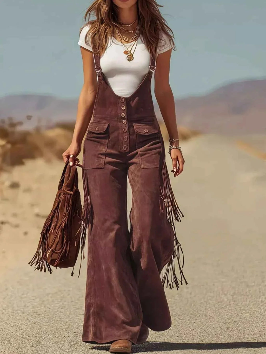 Fringe Corduroy Button Front Overalls THRIXINE