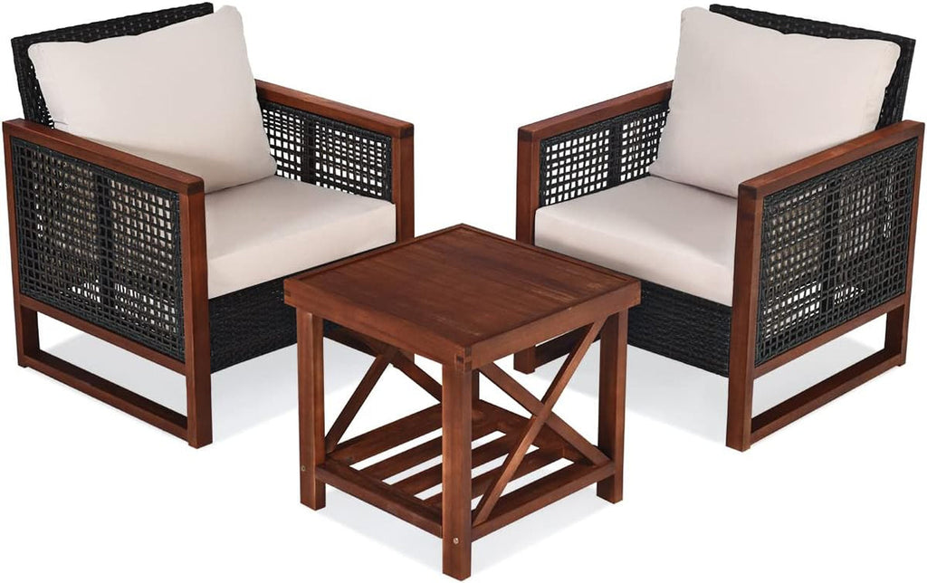 3 Pieces Outdoor Patio Furniture Set Wicker Chairs with Coffee Table, Balcony Porch Furniture Bistro Set with Wood Frame and Washable Cushions for Garden Poolside Backyard Lootquake LLC