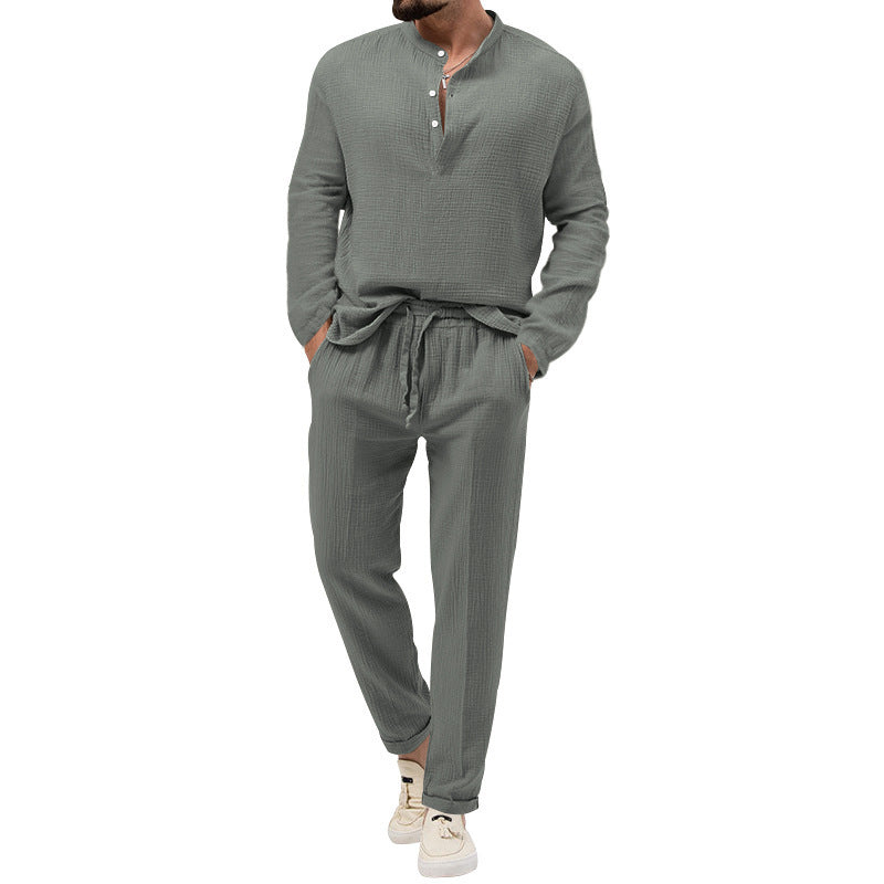 Men's Solid Color Casual Long Sleeve Shirt And Trousers Suit Lootquake LLC