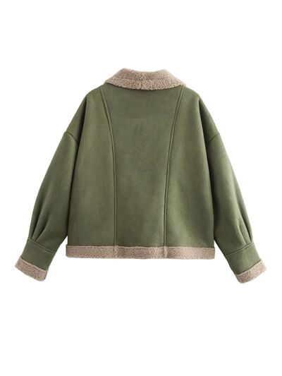 Fuzzy Collared Neck Long Sleeve Jacket with Buttoned Closure and Cozy Pockets Stevvex
