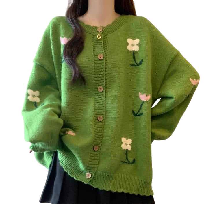 Idle Style Loose Youthful-looking Embroidered Flower Knitted Cardigan Sweater Pi-Mart