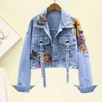 Autumn Denim Jacket Women Flowers Embroidery Sequins Jeans Coat Loose Long Sleeve Casual Student Short Clothes Streetwear H302 Purplish Diva