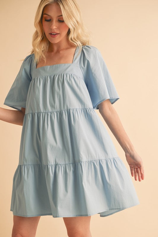New Summer Square Neck Half Sleeve Tiered Dress For Women, Flattering, Chic, Comfortable and Versatile for Any Occasion Stevvex
