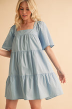 New Summer Square Neck Half Sleeve Tiered Dress For Women, Flattering, Chic, Comfortable and Versatile for Any Occasion Stevvex